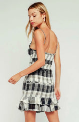 Rhea Black and Cream Plaid Print Smocked Ruffle Mini Dress