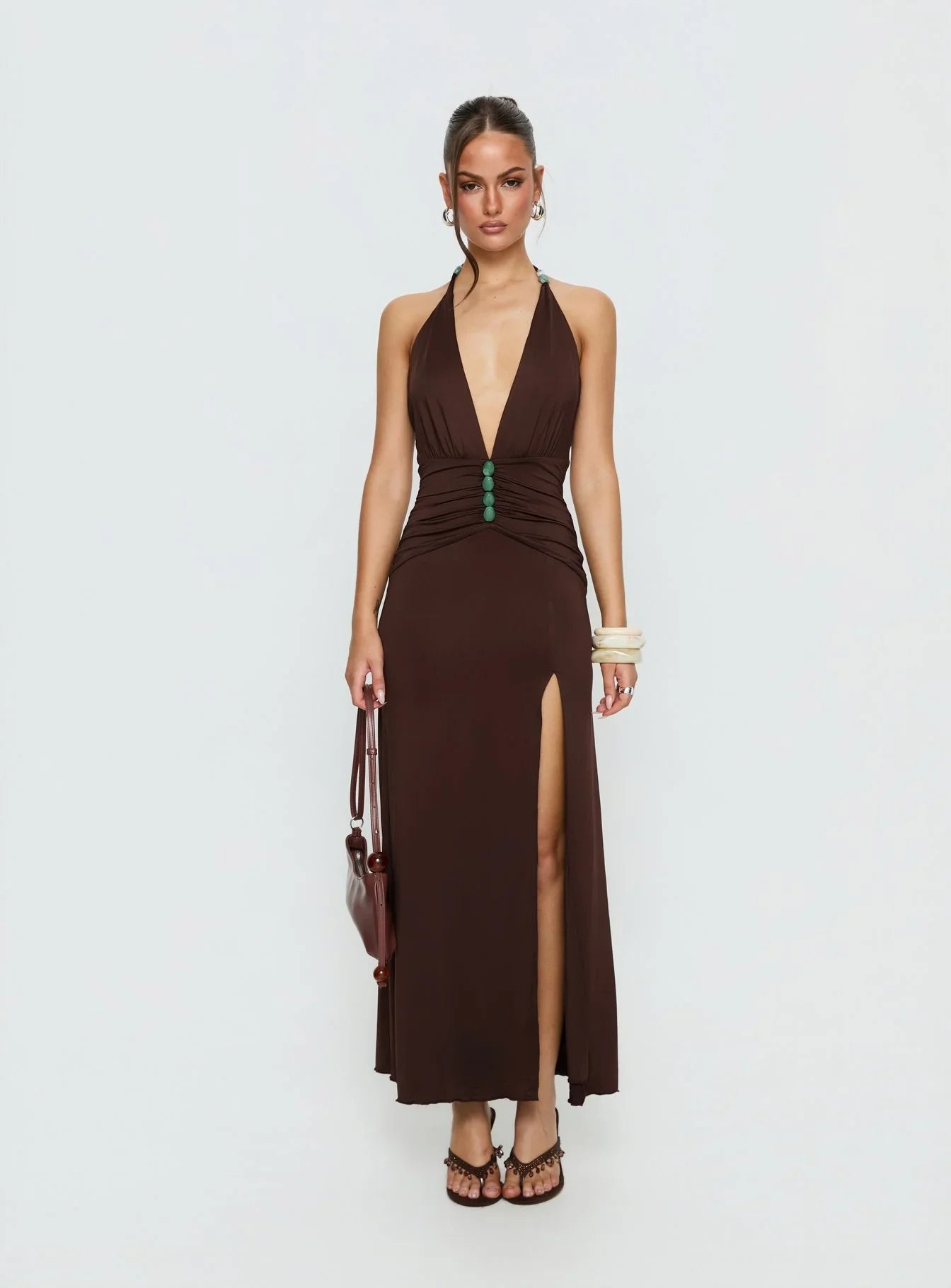 Sasami Halter Plunge Maxi Dress Chocolate