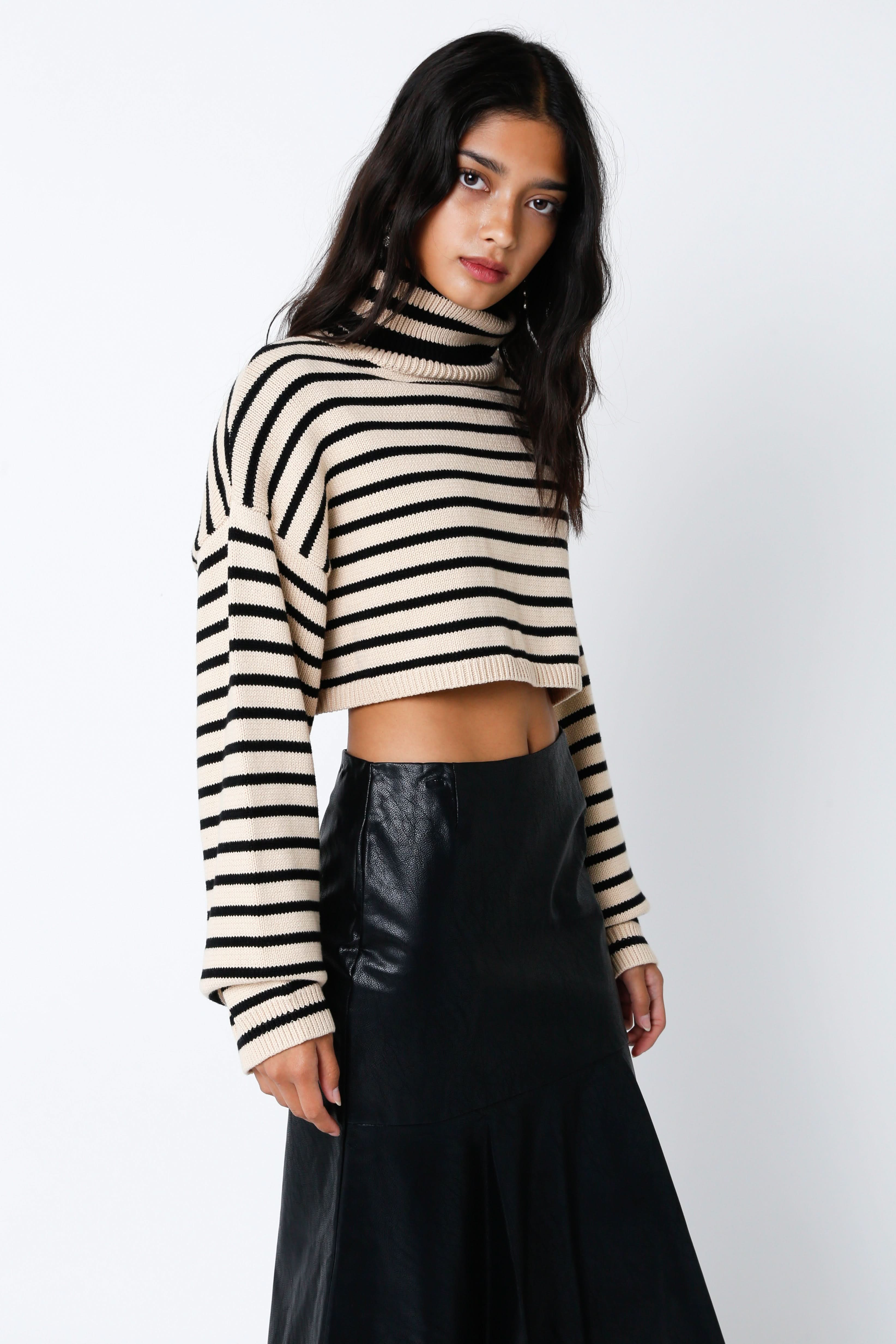 Marla Natural Black Striped Cropped Turtleneck Sweater