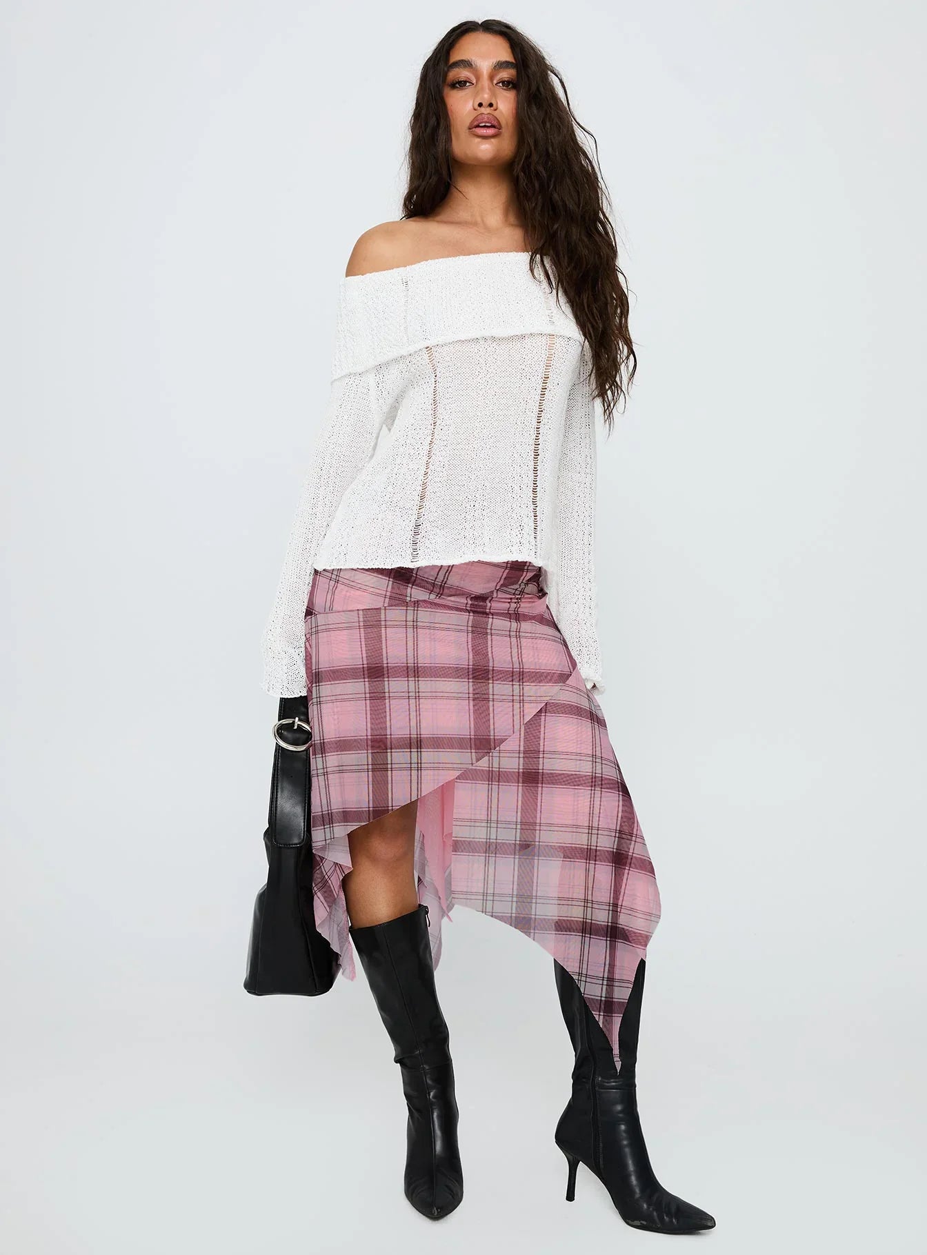 Anali Asymmetrical Midi Skirt Pink Multi Check