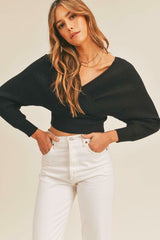 Natasha Black Ribbed Surplice Cropped Sweater