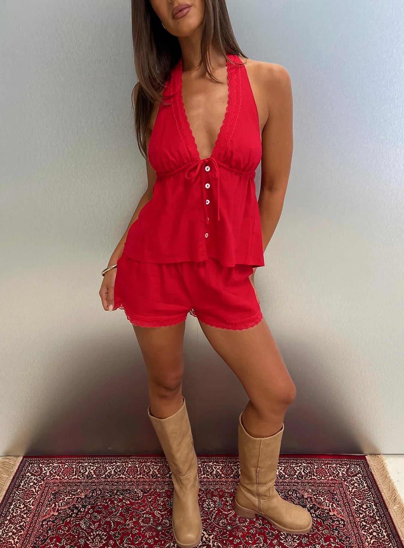 Cloud Crush Linen Halter Top Red