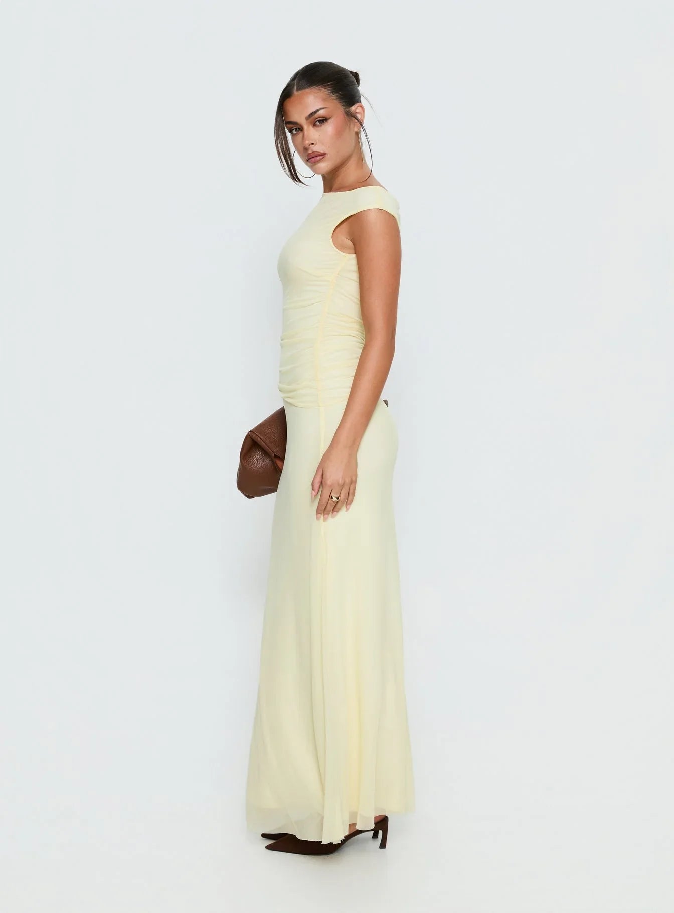 Krystyna Off Shoulder Ruched Mesh Maxi Dress Butter