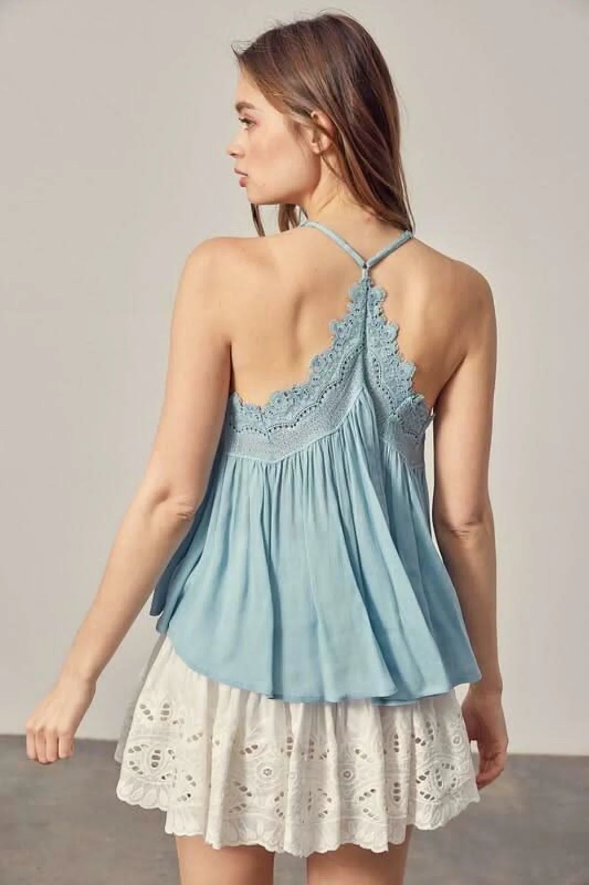 Everything Sweet Foam Blue Lace Trim Tank Top