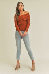 Lara Rust Ribbed Off The Shoulder Sweater Top