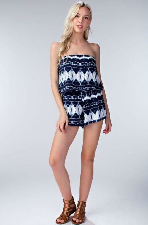 Seaside Navy Tie Dye Strapless Romper