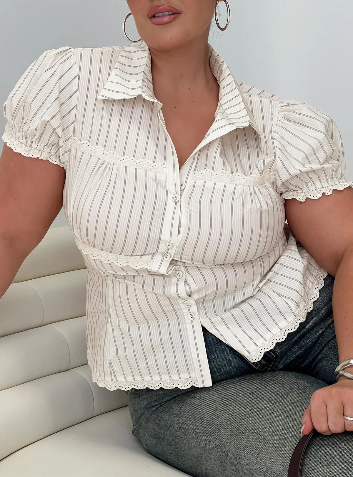Deserve You Puff Sleeve Button Front Top Cream Stripe Curve