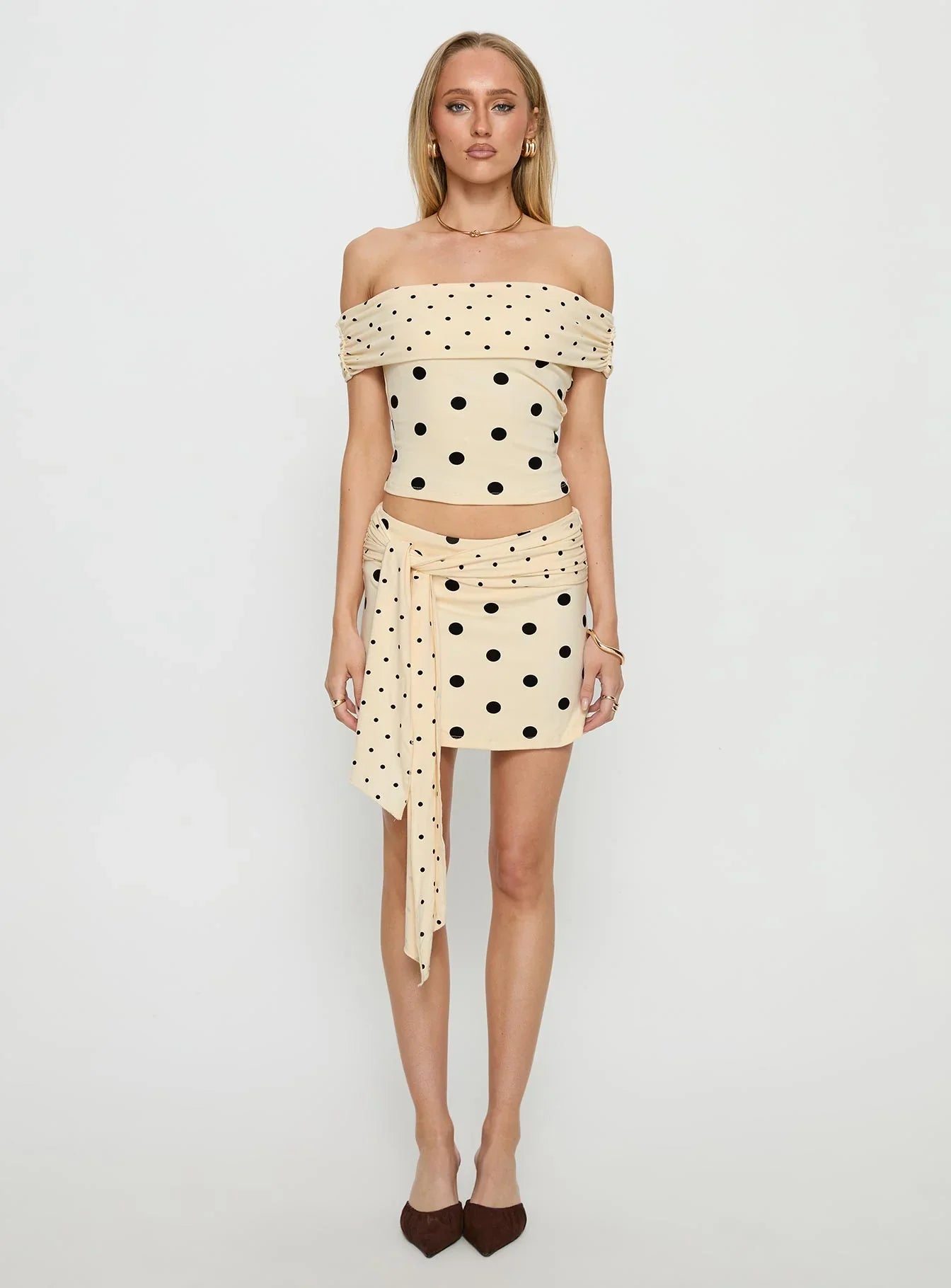 Porzia Wrap Detail Mini Skirt Cream Polka Dot