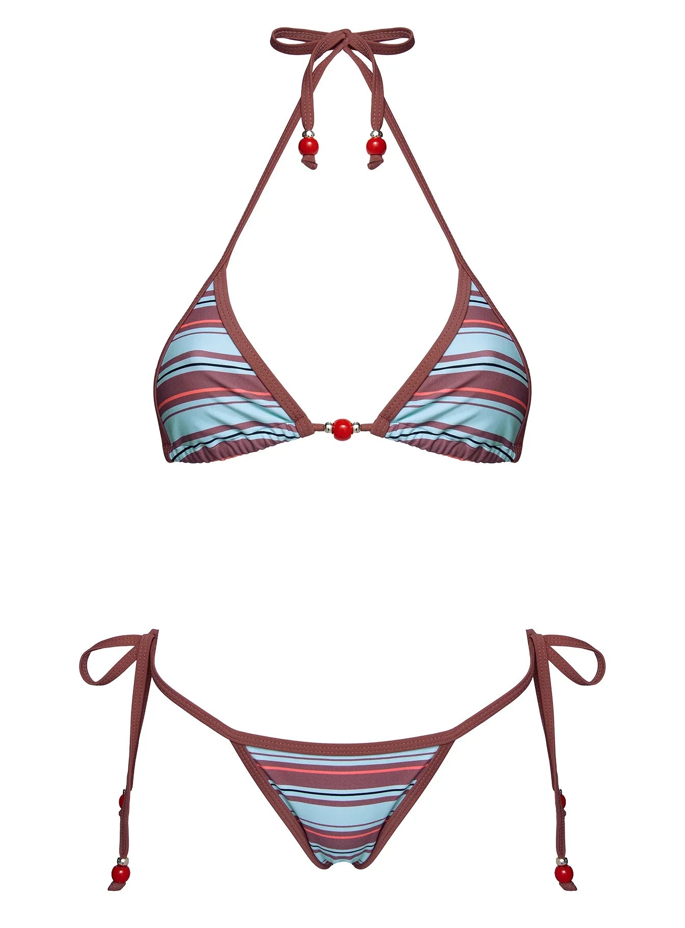 Mikaya Beaded Tie Side Bikini Bottoms Blue Brown Stripe
