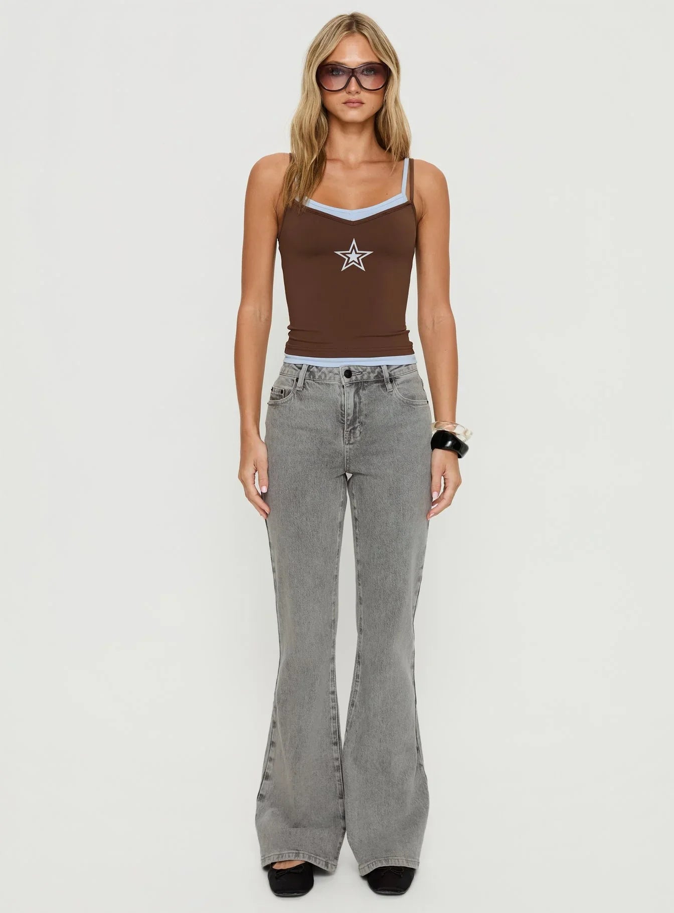 Varsity Star Layered Tank Top Brown Blue