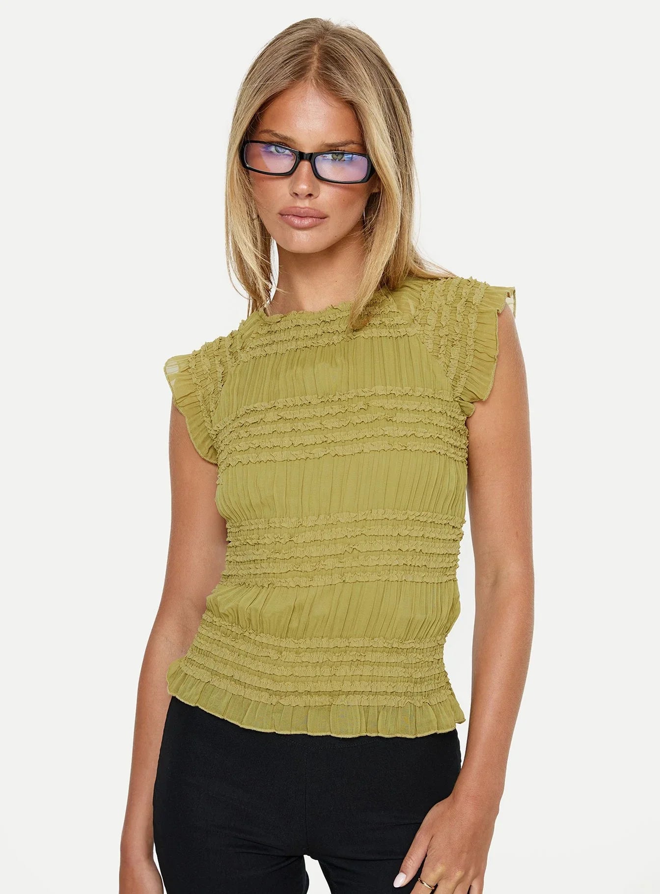 Talyn Cap Sleeve Frill Top Olive