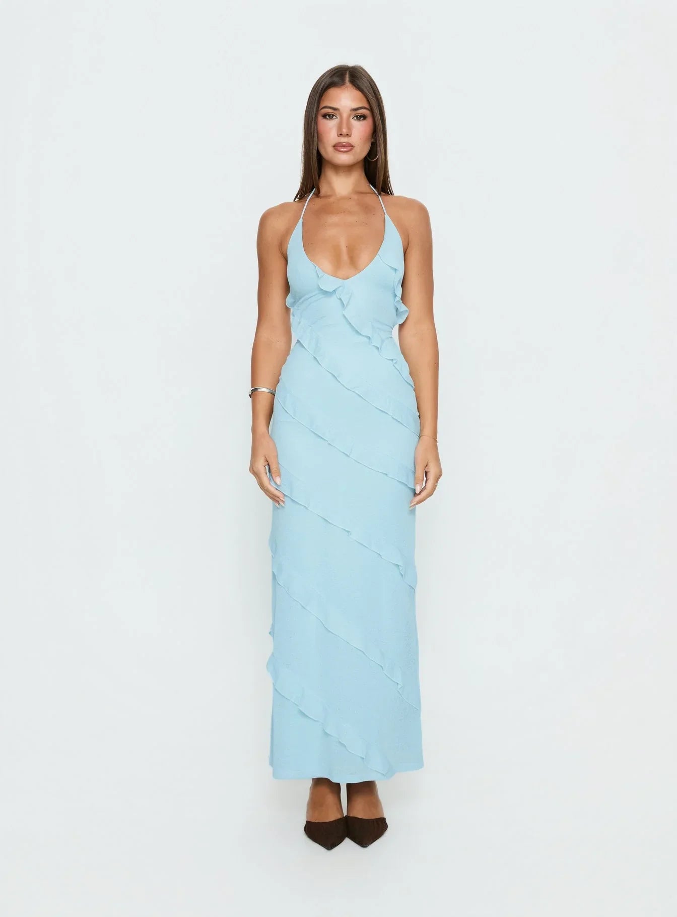 Adesta Frill Halter Maxi Dress Blue