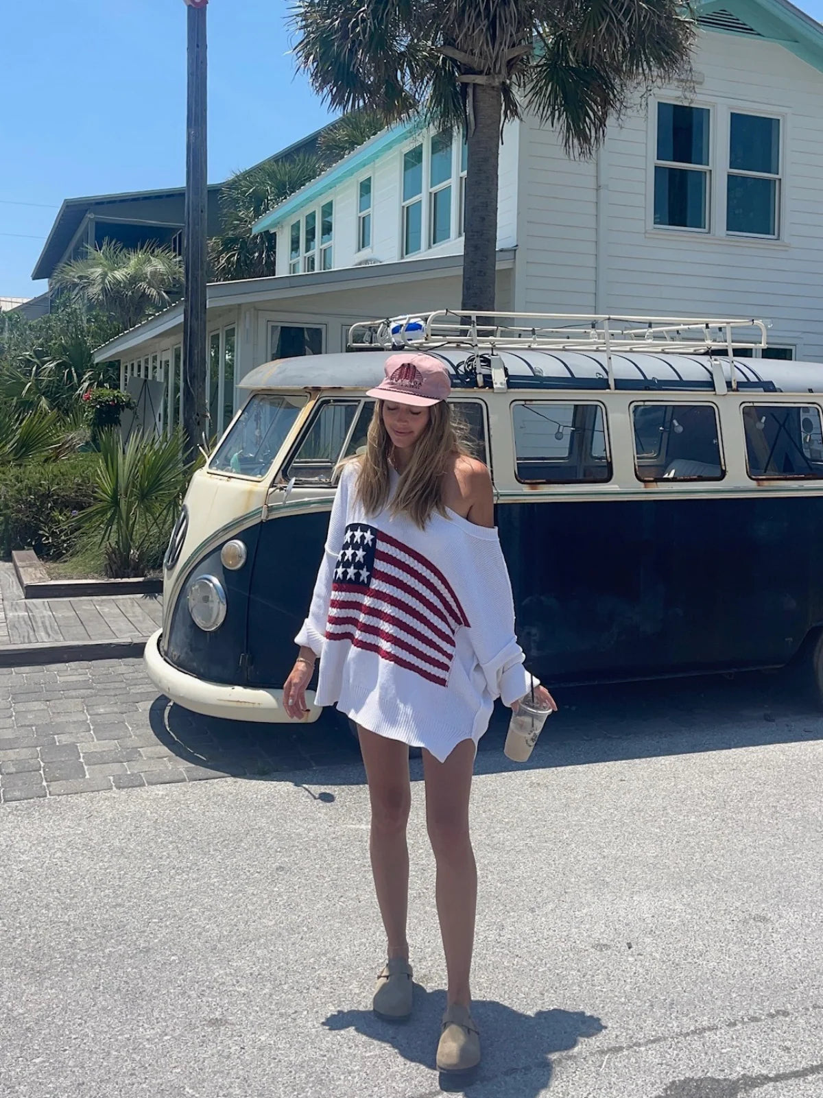 Land of Free White Oversized American Flag Sweater