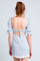 Tory White and Blue Floral Print Puff Sleeve Mini Dress
