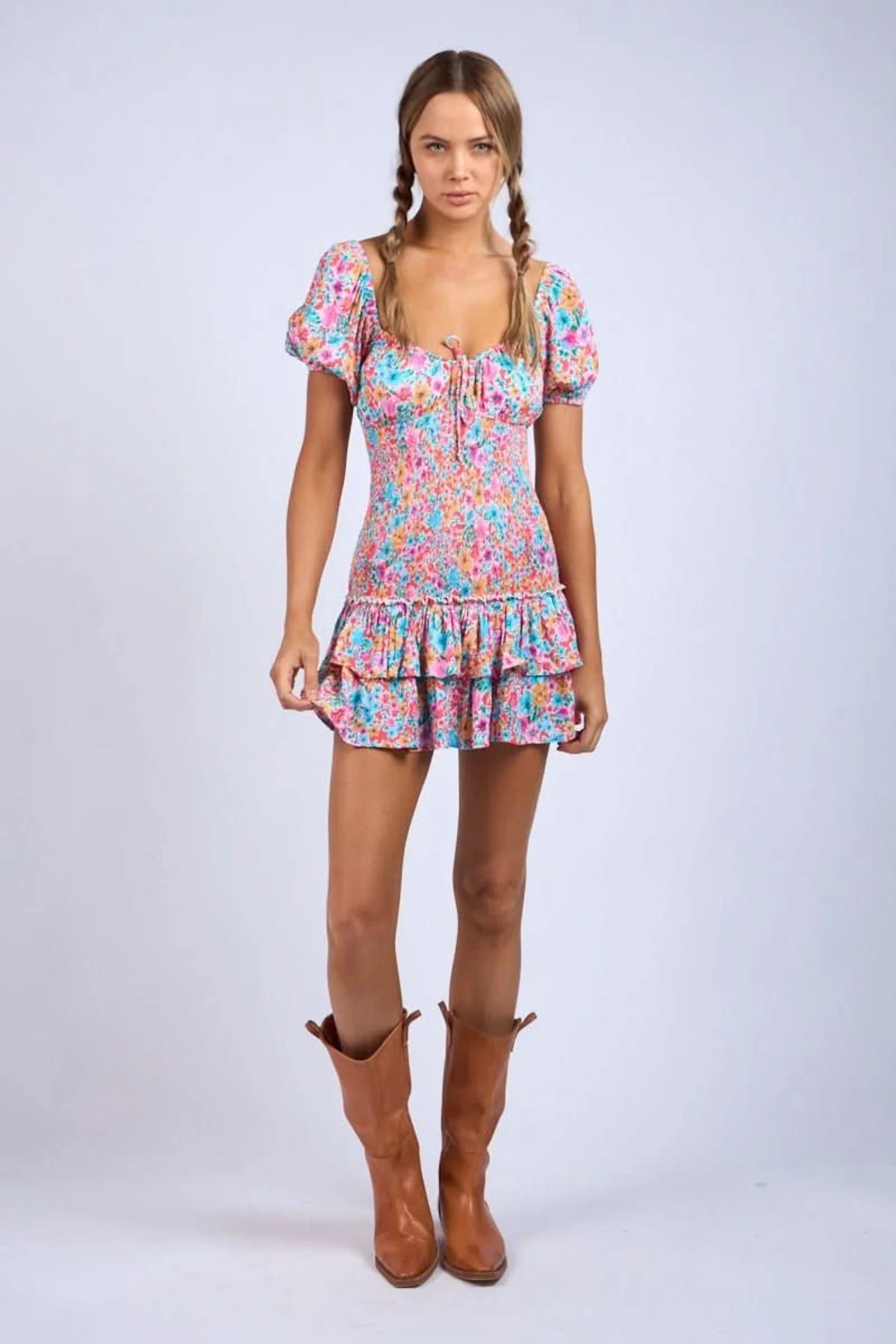 Mimi Aqua Pink Floral Puff Sleeve Mini Dress
