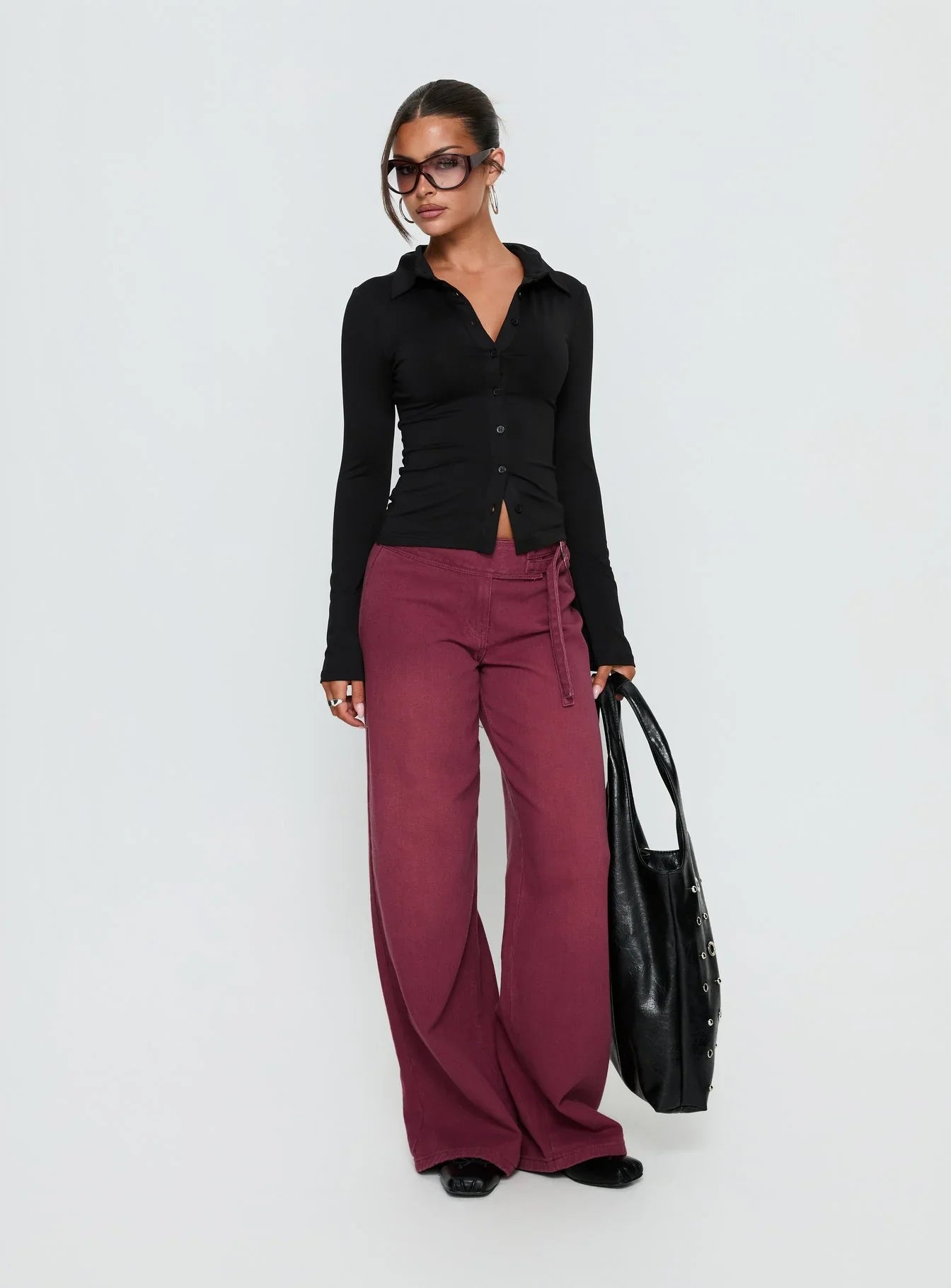Boxie Mid Rise Wide Leg Jeans Washed Burgundy