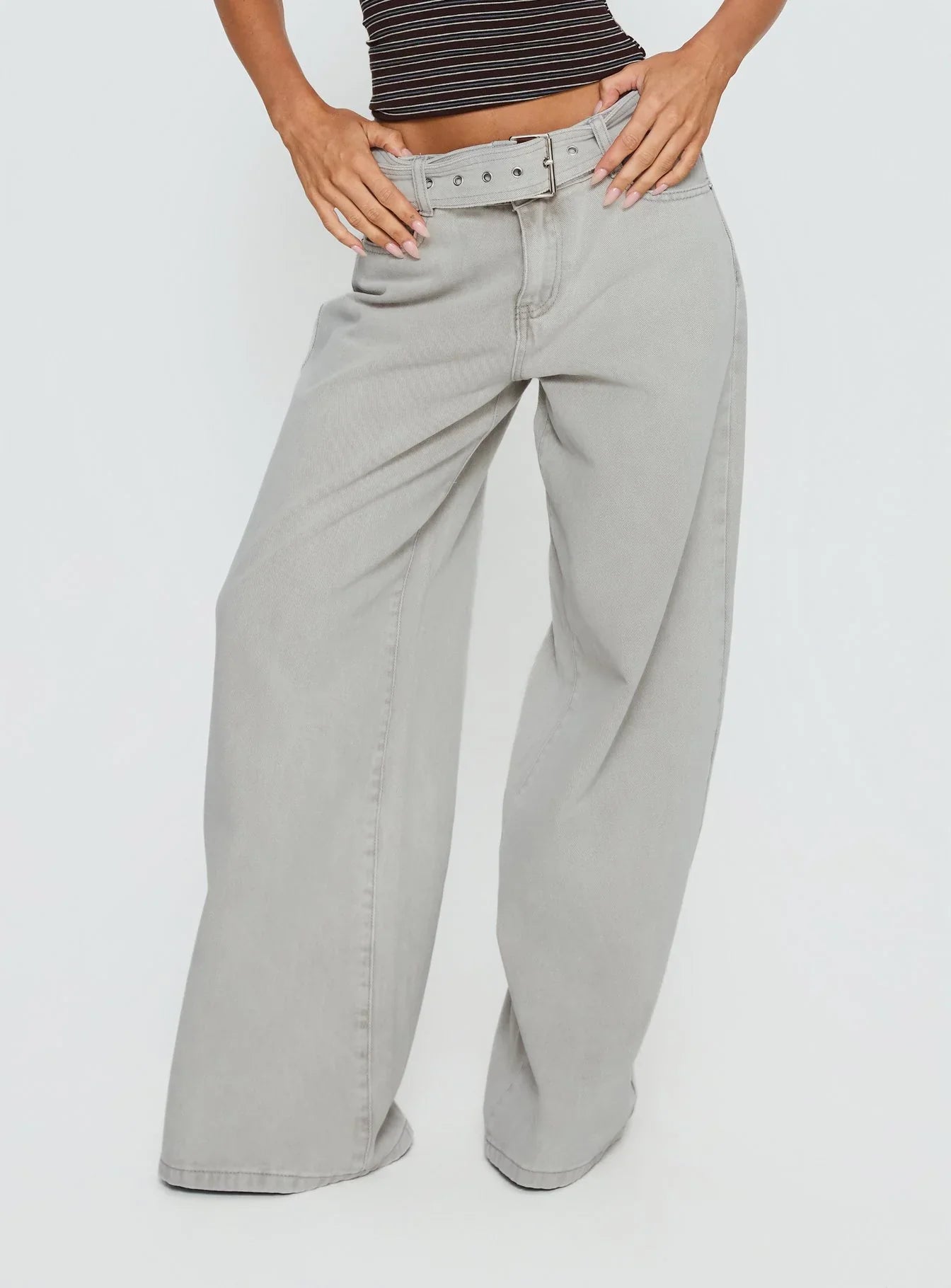 Katlin Mid Rise Wide Leg Buckle Detail Jeans Grey Wash