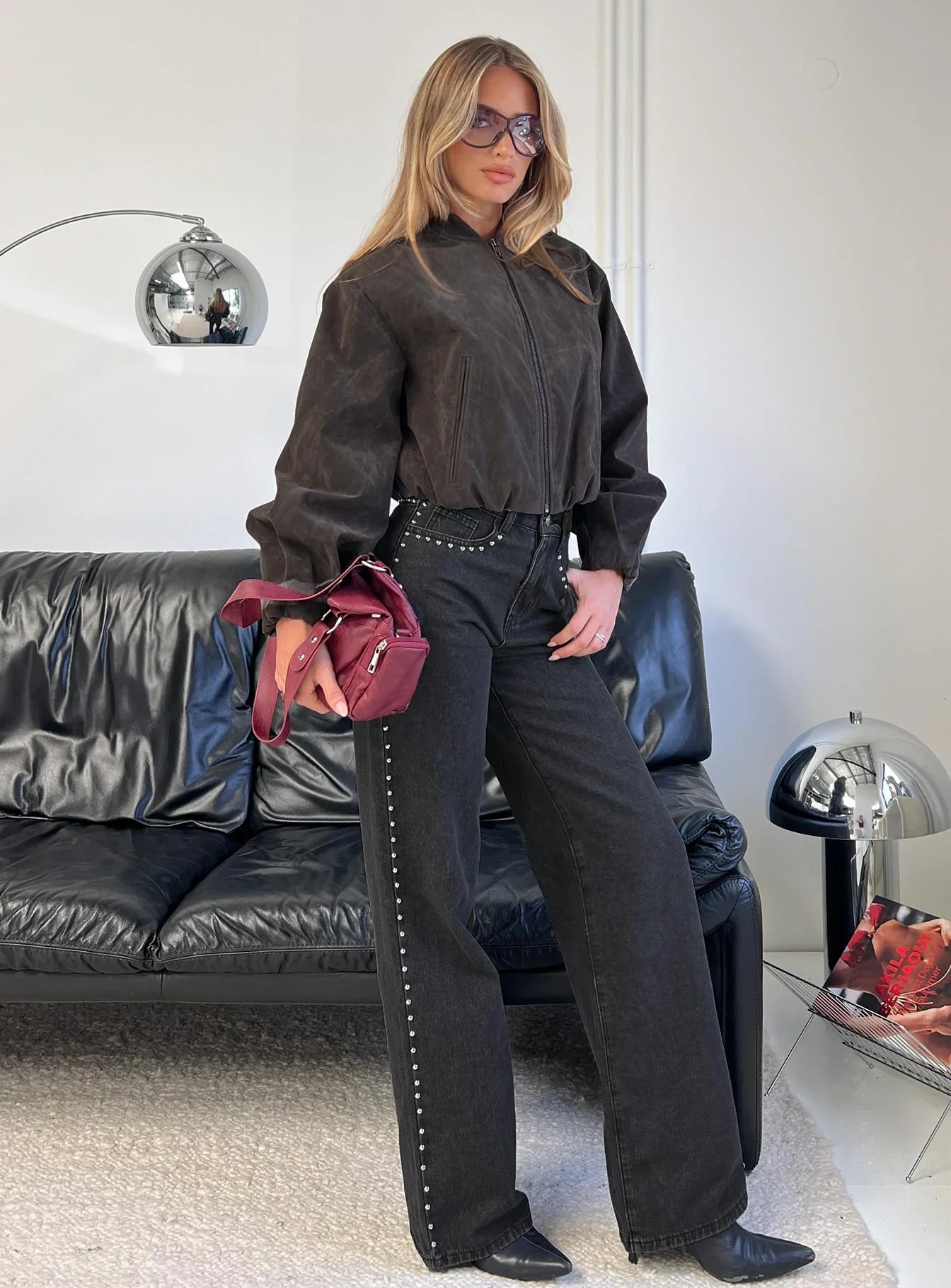Saving Up Mid Rise Straight Leg Studded Jeans Jet Black