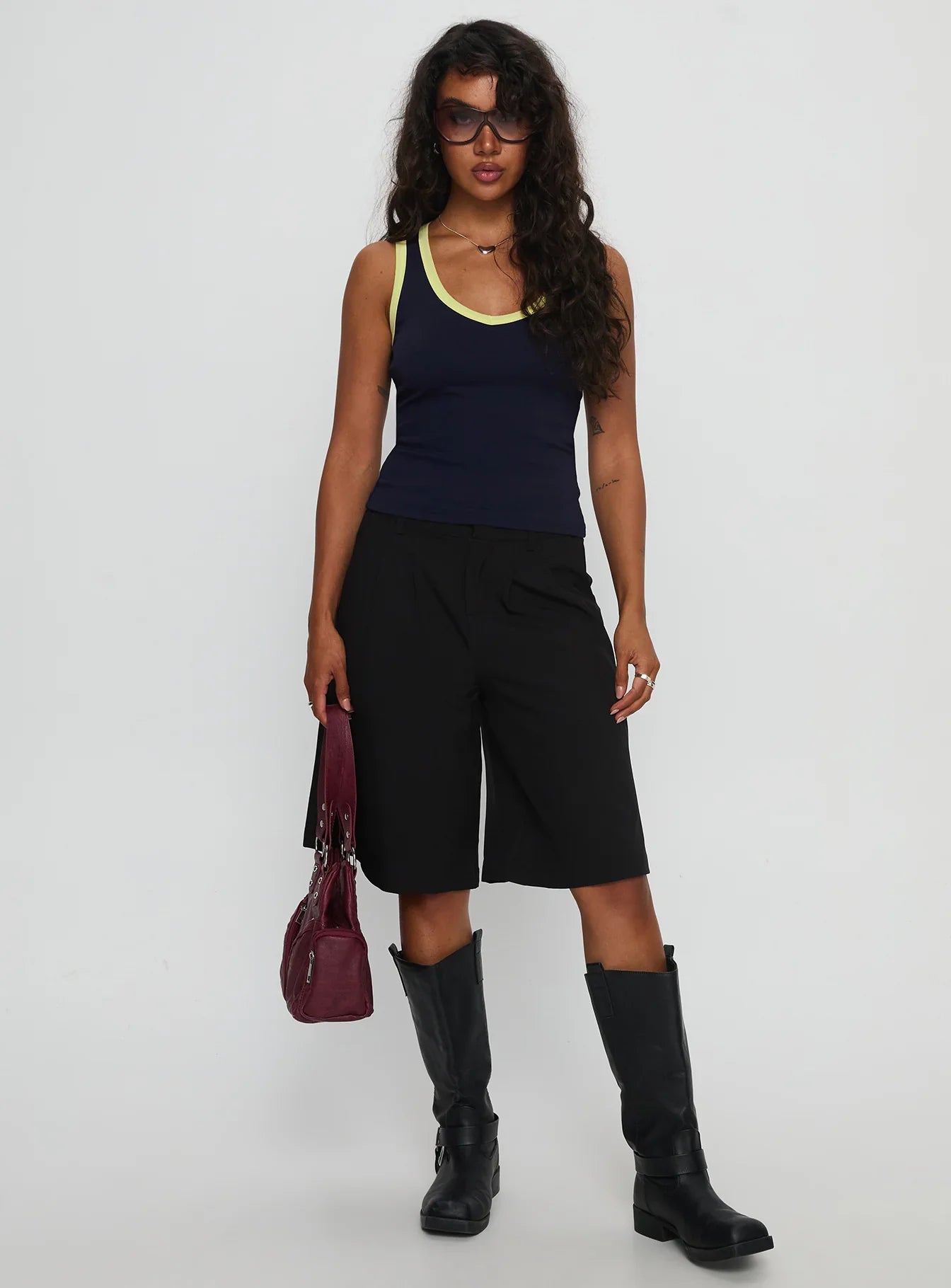 Elionne V Neck Contrast Top Navy Yellow