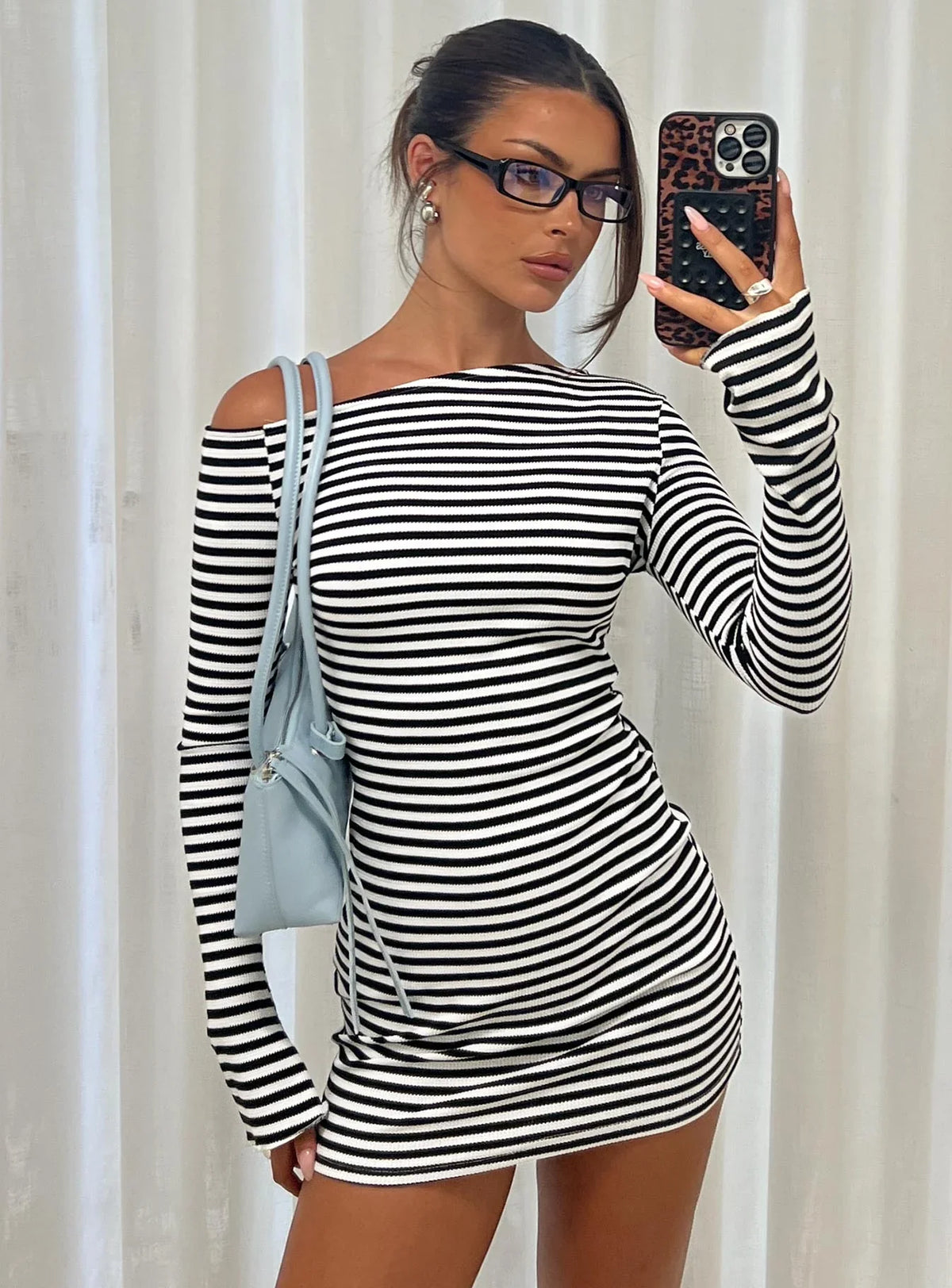 Journi Off Shoulder Long Sleeve Mini Dress Black White Stripe