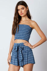 Mykonos Blue Print Cropped Two Piece Skort Set