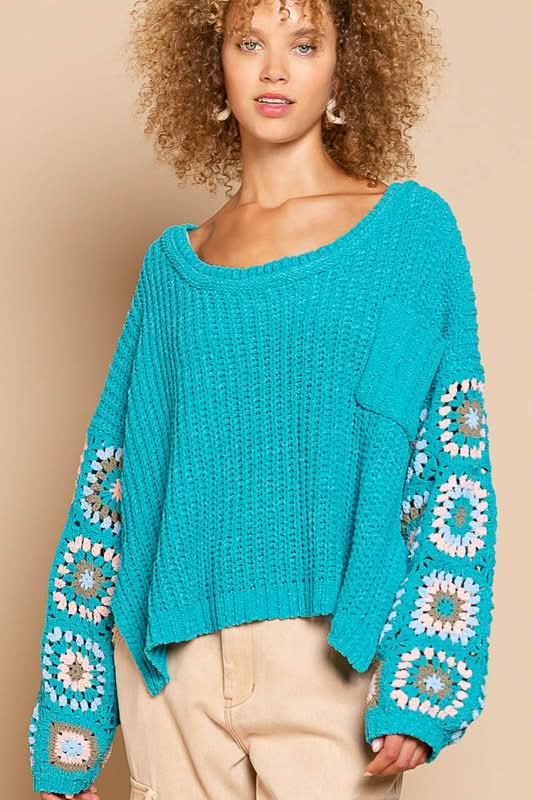 Jayde Teal Crochet Sleeve Sweater