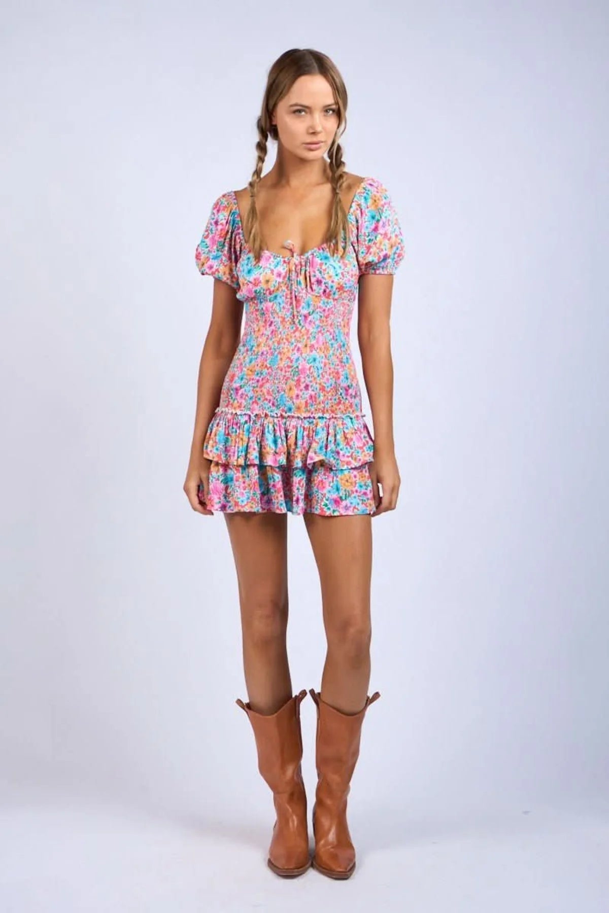 Mimi Aqua Pink Floral Puff Sleeve Mini Dress