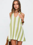 Khaia Halter Mini Dress Green Cream Stripe