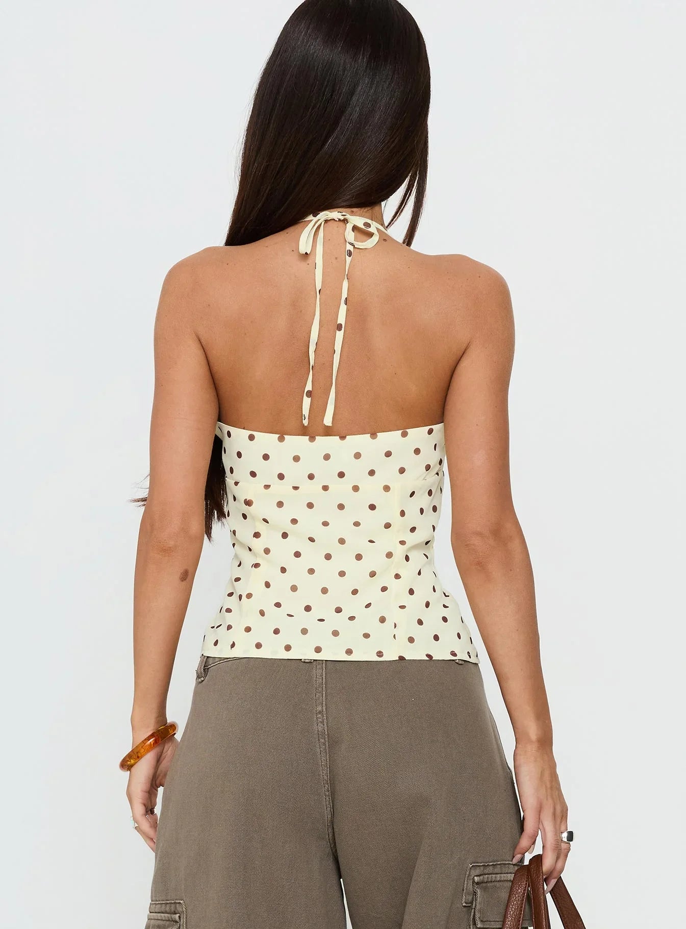 Bon Bon Tie Neck Top Yellow / Brown Polka