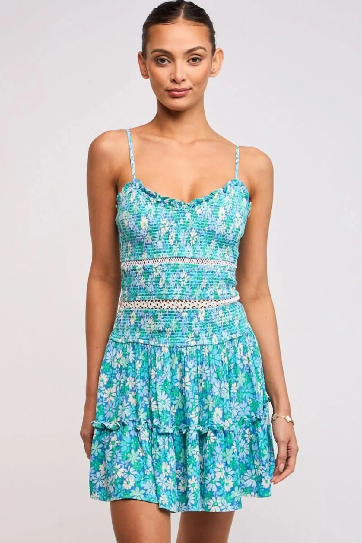 Ayla Teal Blue Floral Smocked Mini Dress