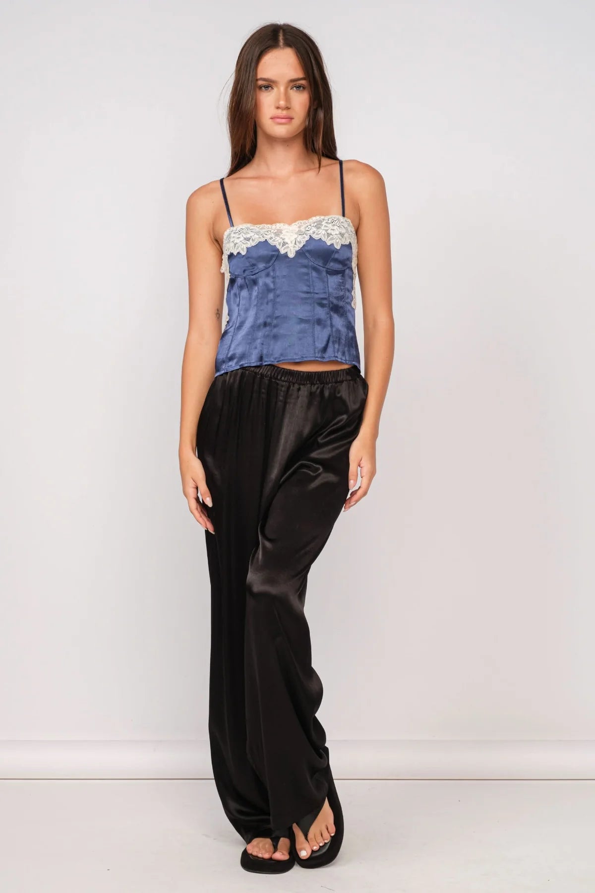 Lucy Navy and White Lace Satin Cami Top