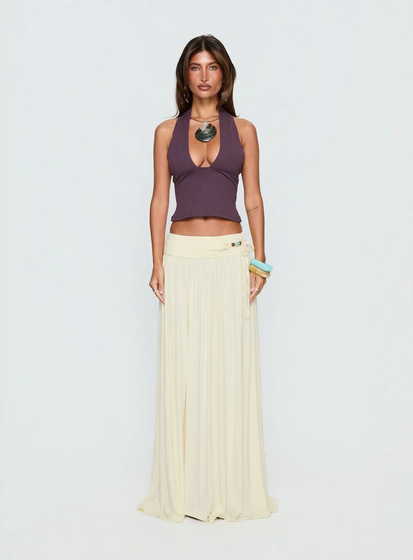 Velvet Storm Tie Detail Flowy Maxi Skirt Cream