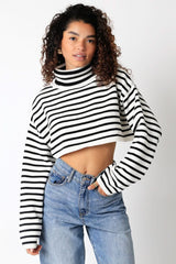 Marla White Black Striped Cropped Turtleneck Sweater