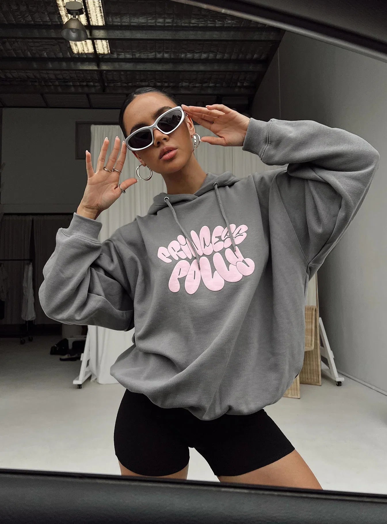 Princess Polly Hooded Sweatshirt Bubble Text Charcoal Light Pink