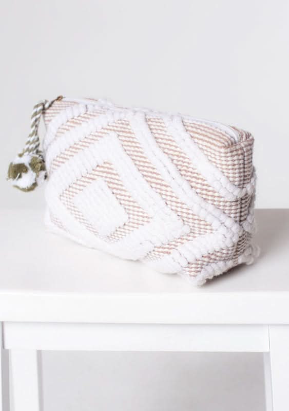 Leila White and Taupe Diamond Motif Makeup Bag