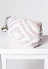 Leila White and Taupe Diamond Motif Makeup Bag