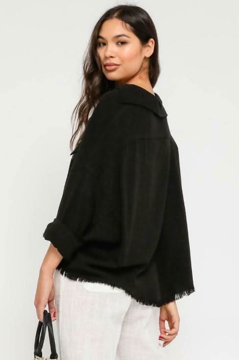 Beach Please Black Frayed Button Up Top
