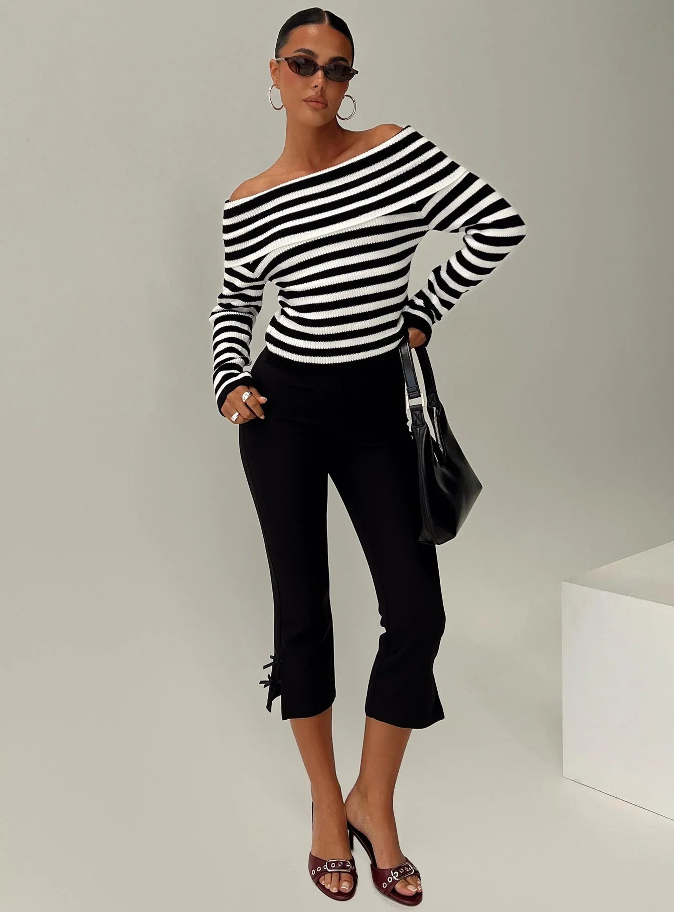Danyel Off The Shoulder Sweater Black White Stripe