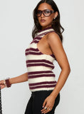 Heide High Neck Fluffy Top Burgundy Stripe