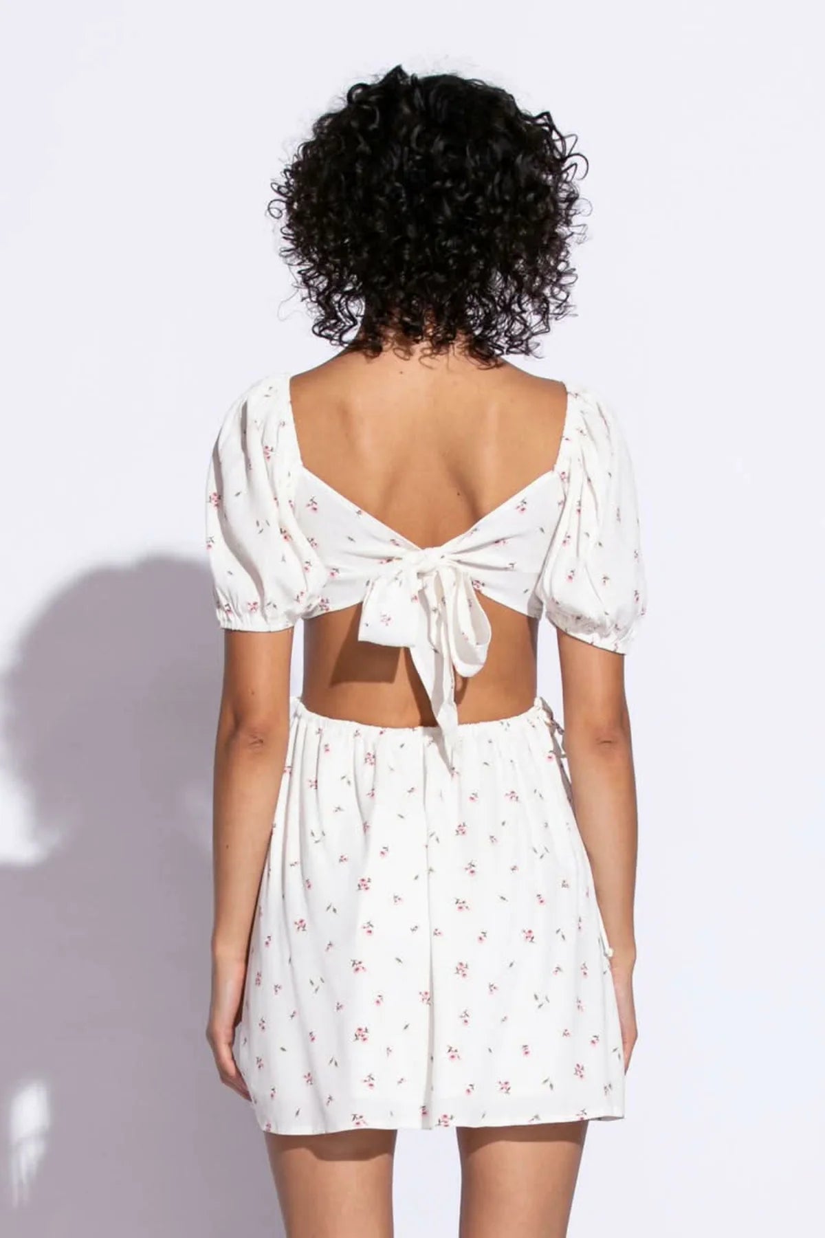 Valerie Ivory Floral Print Puff Sleeve Cutout Mini Dress