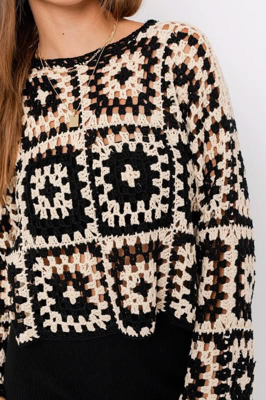 Judy Natural and Black Crochet Sweater