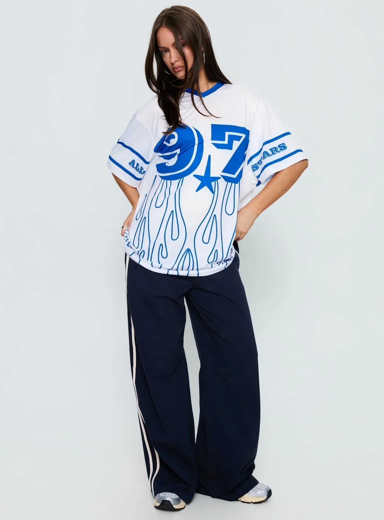 97 Sportstar Oversized Jersey Graphic Top White Blue
