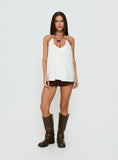 Kitra Flowy Bead Detail Tie Neck Top White