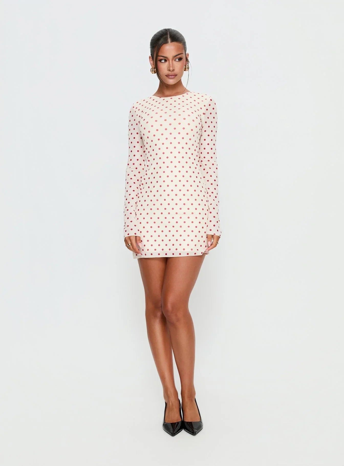 Nyxia Long Sleeve Mini Dress Cream Red Polka
