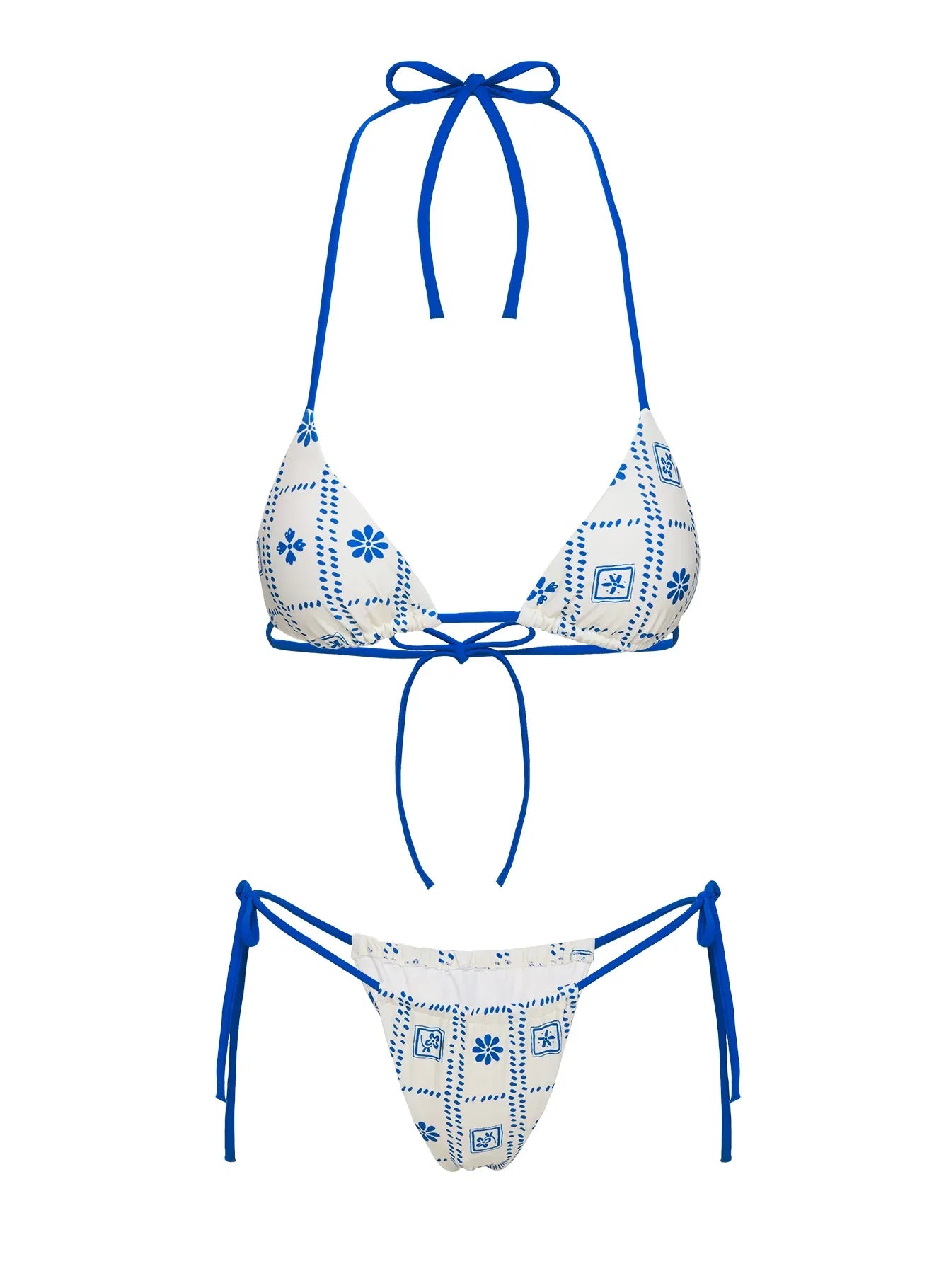 Jenner Triangle Bikini Top White Blue Floral