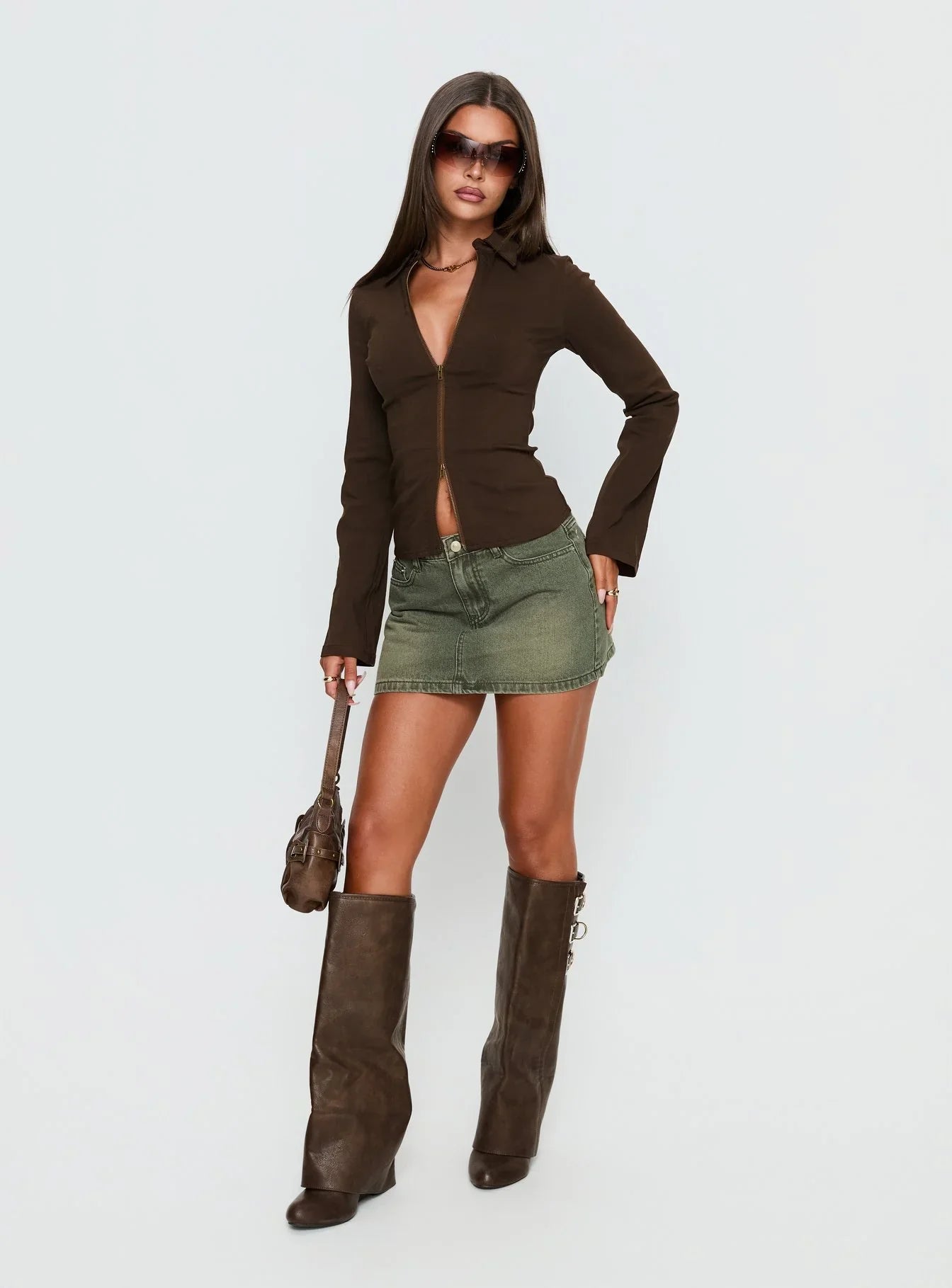 Aviela Zip Up Long Sleeve Top Brown