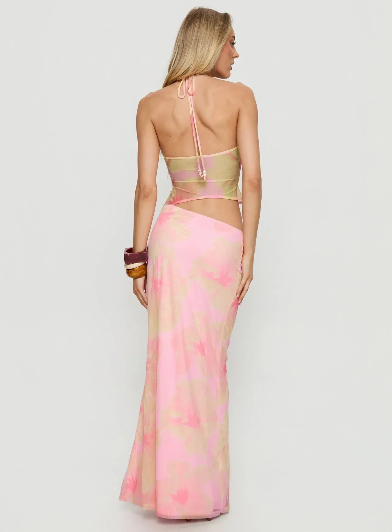 Dyanna Halter Mesh Maxi Dress Pink Floral