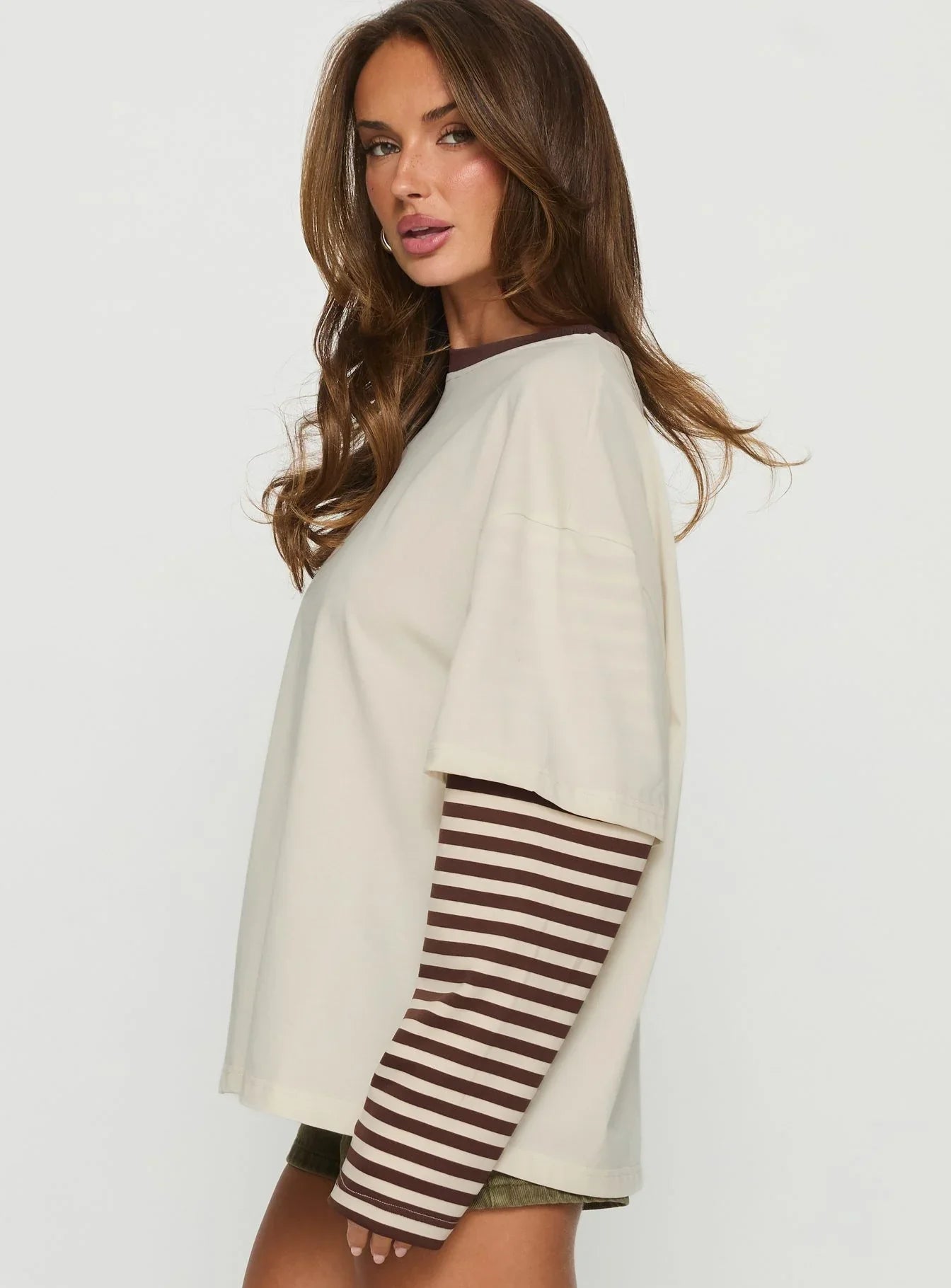 Ryann Long Sleeve Layered Top Cream Brown Stripe