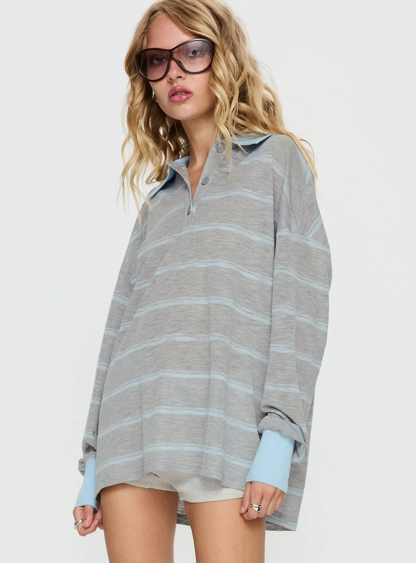 Aleka Long Sleeve Rugby Jersey Grey Blue Stripe