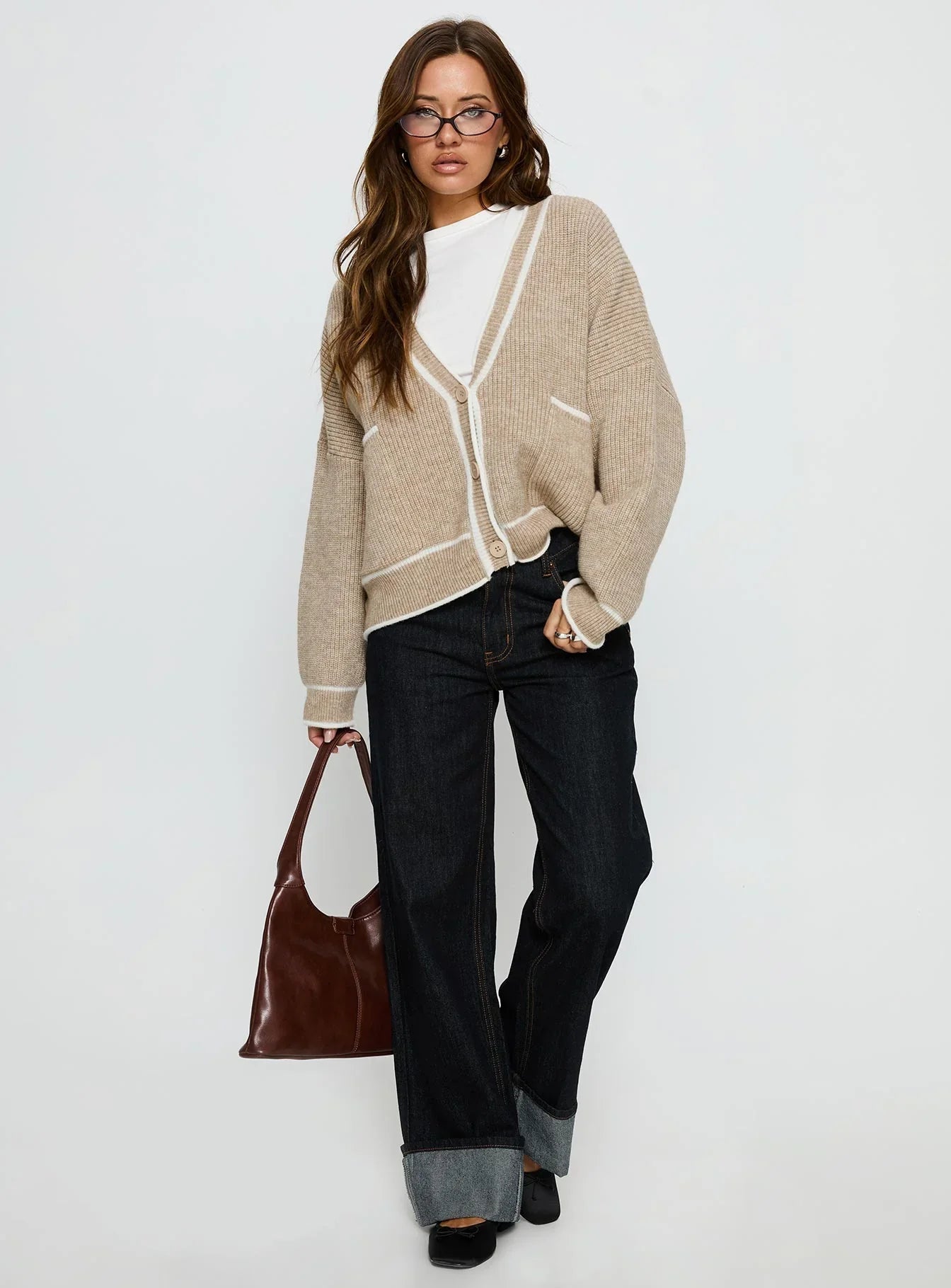 Cressara Contrast Knit Cardigan Beige White